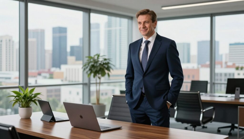 A distinguished Polish businessman, Rafał Brzoska, is standing confidently in a modern office space that features sleek furniture and an expansive view of the city skyline through large windows. He is dressed in a tailored navy suit with a crisp white shirt and a subtle patterned tie, embodying a sense of professionalism and success. In the foreground, a polished wooden desk with a few high-end gadgets and an elegant plant can be seen. The middle ground features Rafał engaging in a thoughtful pose, with a slight smile that suggests approachability. The background captures the vibrant urban landscape, bathed in soft, natural light that creates an inspiring atmosphere. The overall mood is one of ambition and achievement, reflecting both his persona and the curiosity surrounding his lifestyle. A distinguished Polish businessman, Rafał Brzoska, is standing confidently in a modern office space that features sleek furniture and an expansive view of the city skyline through large windows. He is dressed in a tailored navy suit with a crisp white shirt and a subtle patterned tie, embodying a sense of professionalism and success. In the foreground, a polished wooden desk with a few high-end gadgets and an elegant plant can be seen. The middle ground features Rafał engaging in a thoughtful pose, with a slight smile that suggests approachability. The background captures the vibrant urban landscape, bathed in soft, natural light that creates an inspiring atmosphere. The overall mood is one of ambition and achievement, reflecting both his persona and the curiosity surrounding his lifestyle.