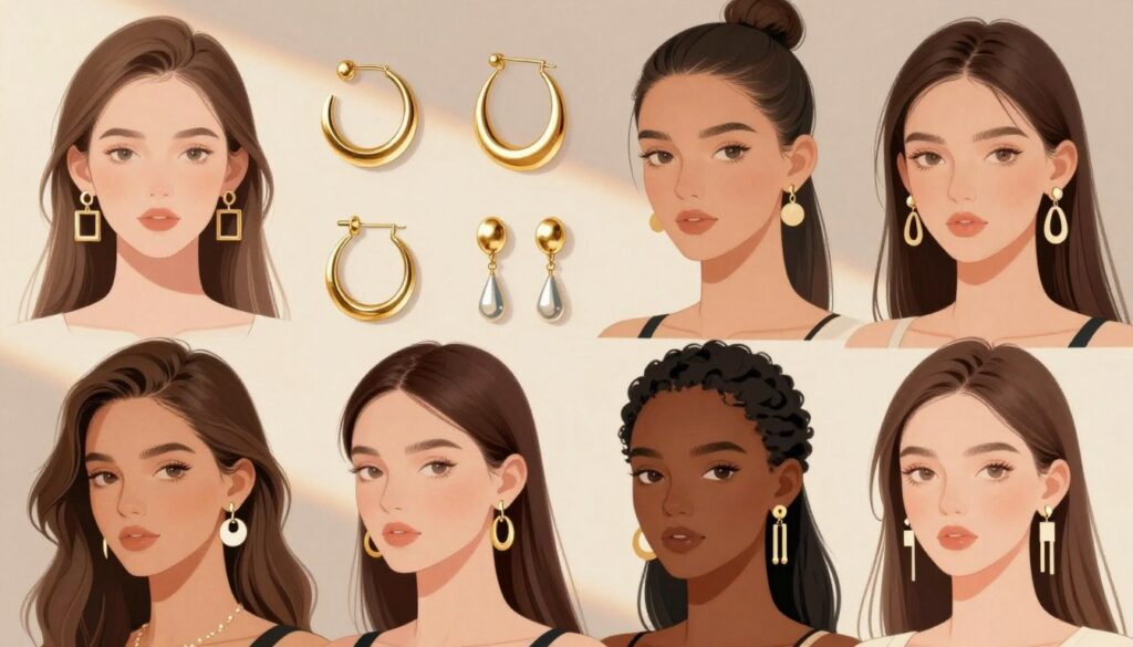 A fashion illustration showcasing a selection of earrings suited for various face shapes, including square, triangular, oval, and elongated. In the foreground, feature a diverse group of models with different hairstyles and skin tones, each wearing earrings that complement their specific face shape. The middle section displays a variety of earring styles, such as hoops, studs, and dangles, artistically arranged to highlight their shapes and how they enhance facial features. The background is softly blurred to emphasize the models and earrings, with warm, inviting lighting casting gentle shadows and creating a chic atmosphere. The overall mood is sophisticated and trendy, perfect for a fashion-centric article.
