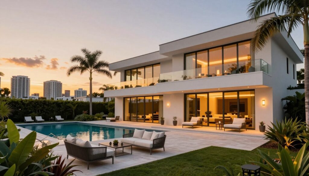 A luxurious Miami villa set against a stunning sunset, with warm golden hues reflecting on the modern architecture. In the foreground, a beautifully landscaped garden with tropical plants and elegant outdoor furniture. The middle ground features the villa itself, showcasing its sleek lines, large glass windows, and a spacious terrace overlooking the pool. The background includes glimpses of palm trees and the vibrant Miami skyline, bathed in the soft glow of twilight. The scene conveys a serene and upscale atmosphere, focusing on the villa's design and luxurious lifestyle. Soft ambient lighting enhances the inviting feel, captured through a wide-angle lens to emphasize the grandeur of the setting.
