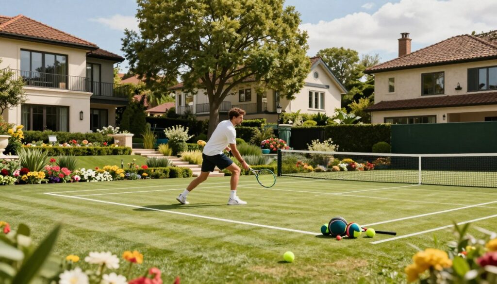 A luxurious neighborhood on a sunny day, showcasing a beautifully landscaped garden in the foreground, with manicured lawns and vibrant flowers, symbolizing an elite lifestyle. In the middle ground, depict Hubert Hurkacz in stylish yet modest casual attire, practicing tennis with determined focus on a pristine outdoor court, with tennis equipment neatly arranged nearby. The background features upscale homes with large windows, lush trees providing shade, and an inviting blue sky above, enhancing the tranquil atmosphere. The scene captures the essence of a day dedicated to sport and leisure, using soft, natural lighting to evoke warmth and positivity. The composition should have a wide-angle perspective, emphasizing the surroundings and lifestyle that inspires Hubert Hurkacz.