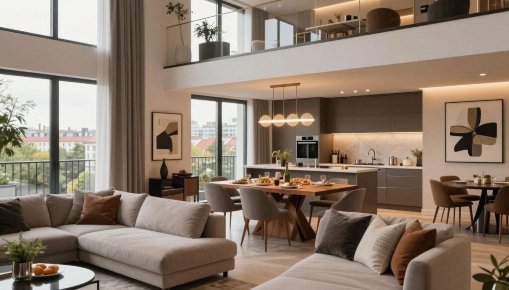 A luxurious two-level apartment in Warsaw, showcasing a blend of modern elegance and sophistication. In the foreground, elegantly furnished living spaces with plush sofas and contemporary art pieces, surrounded by large floor-to-ceiling windows allowing natural light to flood the interior. The middle section reveals a stylish dining area with a polished wooden table set for a gourmet meal, complementing the sleek kitchen with state-of-the-art appliances. In the background, a stylish balcony with views of the serene urban landscape. Warm, inviting lighting enhances the atmosphere, while a soft-focus depth of field emphasizes the apartment's opulence. The scene should evoke a feeling of comfort and affluence, suitable for a prominent figure in society. A luxurious two-level apartment in Warsaw, showcasing a blend of modern elegance and sophistication. In the foreground, elegantly furnished living spaces with plush sofas and contemporary art pieces, surrounded by large floor-to-ceiling windows allowing natural light to flood the interior. The middle section reveals a stylish dining area with a polished wooden table set for a gourmet meal, complementing the sleek kitchen with state-of-the-art appliances. In the background, a stylish balcony with views of the serene urban landscape. Warm, inviting lighting enhances the atmosphere, while a soft-focus depth of field emphasizes the apartment's opulence. The scene should evoke a feeling of comfort and affluence, suitable for a prominent figure in society.