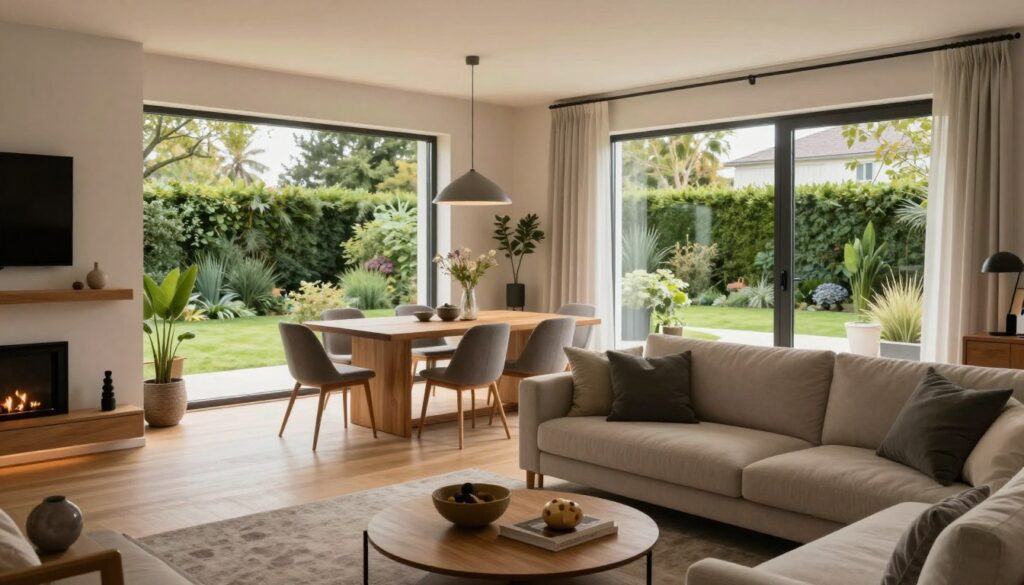 A modern and stylish home reflecting the lifestyle of Michał Świerczewski, showcasing a blend of contemporary design and family values. In the foreground, a cozy living room with a minimalist aesthetic, featuring an inviting sofa, warm lighting, and tasteful decorations. In the middle ground, a dining area with a wooden table surrounded by elegantly designed chairs, emphasizing functionality and comfort. The background reveals large windows with natural light streaming in, highlighting a well-manicured garden that shows an appreciation for nature. The atmosphere is serene and welcoming, embodying modernity mixed with a sense of family warmth. Use soft, natural lighting to enhance the inviting mood, and capture the scene with a wide-angle lens to provide a glimpse into this harmonious living space. A modern and stylish home reflecting the lifestyle of Michał Świerczewski, showcasing a blend of contemporary design and family values. In the foreground, a cozy living room with a minimalist aesthetic, featuring an inviting sofa, warm lighting, and tasteful decorations. In the middle ground, a dining area with a wooden table surrounded by elegantly designed chairs, emphasizing functionality and comfort. The background reveals large windows with natural light streaming in, highlighting a well-manicured garden that shows an appreciation for nature. The atmosphere is serene and welcoming, embodying modernity mixed with a sense of family warmth. Use soft, natural lighting to enhance the inviting mood, and capture the scene with a wide-angle lens to provide a glimpse into this harmonious living space.
