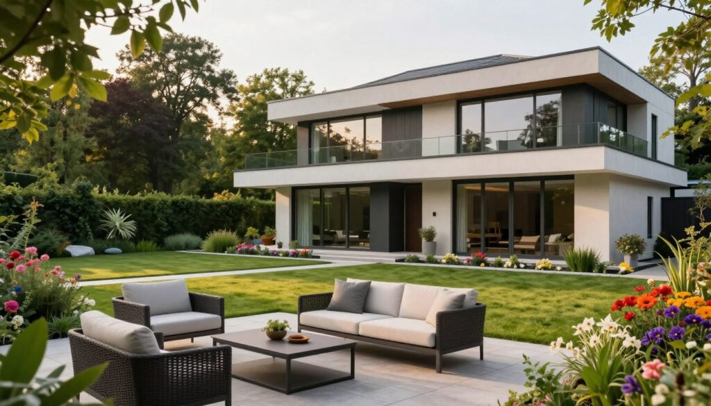 A modern villa located just outside Warsaw, surrounded by lush greenery and vibrant flowers, with large glass windows reflecting natural light. In the foreground, a stylish patio with elegant outdoor furniture, perfect for relaxing. The middle ground features a sleek entrance with contemporary architectural elements, showcasing clean lines and a minimalist design. In the background, expansive gardens with a manicured lawn, tall trees, and colorful flower beds create a serene atmosphere. The scene is bathed in soft, golden sunlight, hinting at an early evening ambiance. Overall, the image conveys luxury, tranquility, and the essence of a comfortable home.