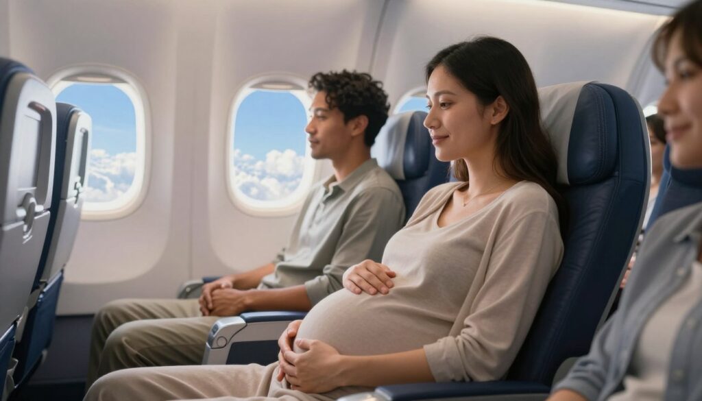 A peaceful, airy scene depicting a pregnant woman sitting comfortably in a modern airplane cabin, showcasing her week-by-week pregnancy journey. She is dressed in modest, casual clothing and has a gentle, serene expression, reflecting the calmness of flying during pregnancy. The foreground captures her in profile, gently cradling her belly. In the middle ground, a glimpse of fellow travelers shows diversity in appearance, highlighting a harmonious environment. The background features large airplane windows, revealing a bright blue sky dotted with fluffy clouds, symbolizing freedom and travel. Soft, diffused lighting creates a warm and inviting atmosphere, while the lens focus is sharp on the subject, blurring the surroundings subtly, evoking a sense of tranquility and hope during the journey.