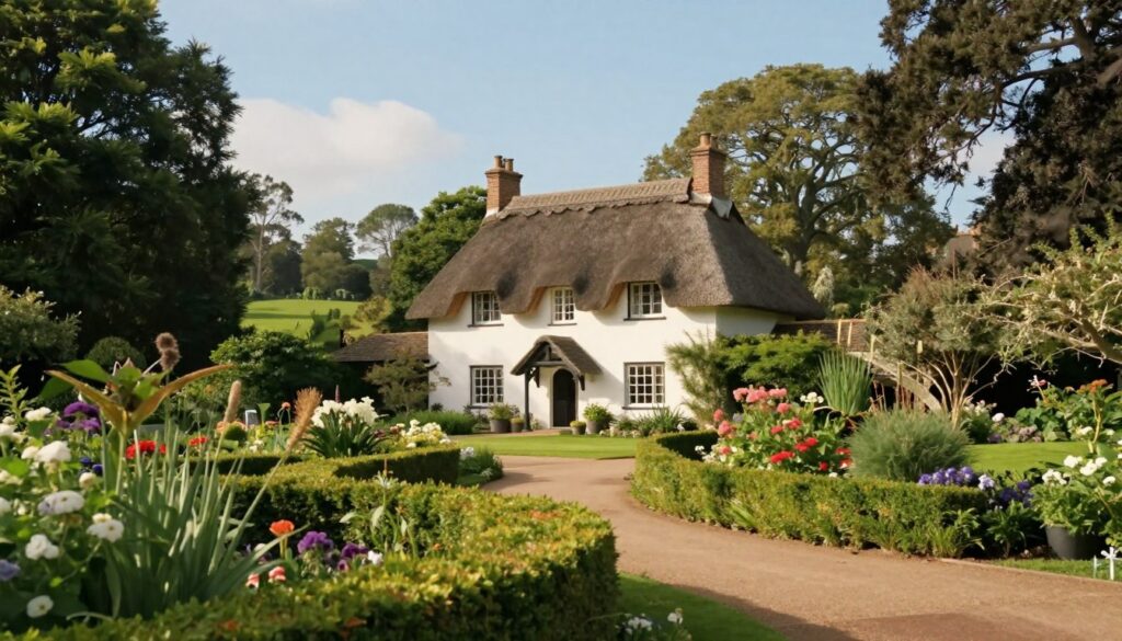 A picturesque view of Adelaide Cottage nestled within the serene Windsor Home Park, showcasing its charming architecture with white walls and a thatched roof surrounded by lush green gardens. The foreground features manicured hedges and colorful seasonal flowers, adding vibrancy. In the middle ground, the cottage stands proudly beside a gentle, winding path leading to its entrance, framed by mature trees. In the background, the expansive parkland stretches out under a clear blue sky, with soft, warm sunlight illuminating the scene to create a welcoming atmosphere. Capture the essence of tranquility and royal charm, with a slight soft focus for a dreamy effect, lending an air of pastoral elegance to the image.
