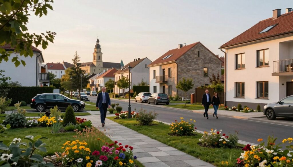 A picturesque view of a modern residential area in Częstochowa, Poland, showcasing Michał Świerczewski's home environment. In the foreground, a well-kept garden with colorful flowers and a stone pathway leading to a cozy, contemporary house. The middle ground features a tree-lined street with neatly parked cars and friendly neighbors walking by, dressed in professional business attire. In the background, the iconic skyline of Częstochowa can be seen, highlighting the city's historical architecture. The scene is captured during golden hour, with warm, soft lighting casting a serene glow over the landscape. The overall mood is peaceful and inviting, reflecting a harmonious balance between private life and career in a vibrant community setting. A picturesque view of a modern residential area in Częstochowa, Poland, showcasing Michał Świerczewski's home environment. In the foreground, a well-kept garden with colorful flowers and a stone pathway leading to a cozy, contemporary house. The middle ground features a tree-lined street with neatly parked cars and friendly neighbors walking by, dressed in professional business attire. In the background, the iconic skyline of Częstochowa can be seen, highlighting the city's historical architecture. The scene is captured during golden hour, with warm, soft lighting casting a serene glow over the landscape. The overall mood is peaceful and inviting, reflecting a harmonious balance between private life and career in a vibrant community setting.