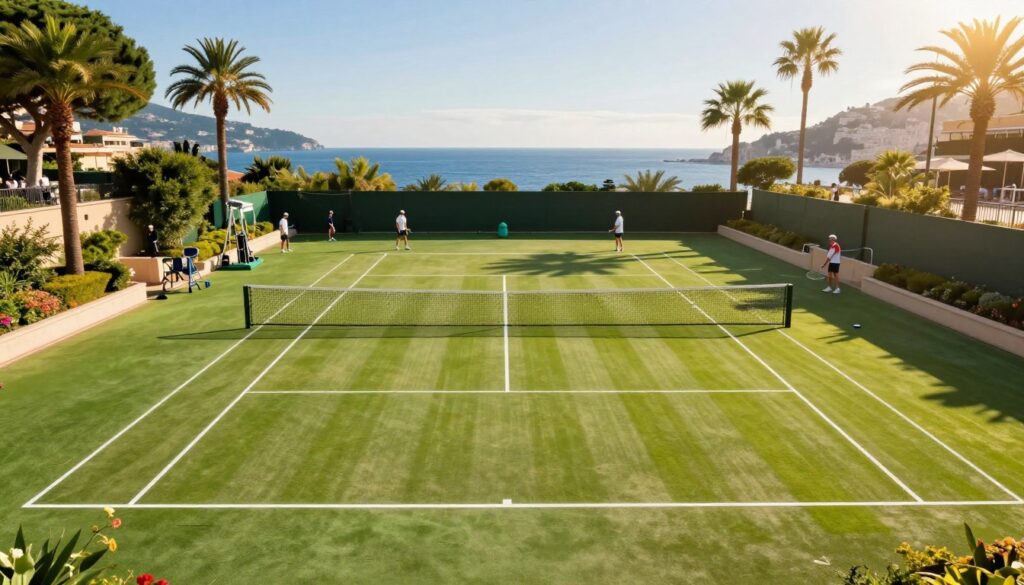 A picturesque view of the Monte Carlo Country Club tennis courts, showcasing pristine, well-maintained clay and grass courts bathed in warm, golden afternoon sunlight. In the foreground, a vibrant green court with crisp white lines, a tennis net perfectly aligned in the center, surrounded by lush greenery and elegant palm trees. In the middle background, well-equipped practice areas are visible, featuring training equipment and a few professional coaches engaged in drills with players in modest athletic wear. The background reveals the iconic Mediterranean landscape, with azure waters glistening under a clear blue sky. The scene conveys a sense of professionalism, focus, and the serene beauty of luxury sports training in Monaco. The atmosphere is energetic yet tranquil, capturing the spirit of elite tennis.