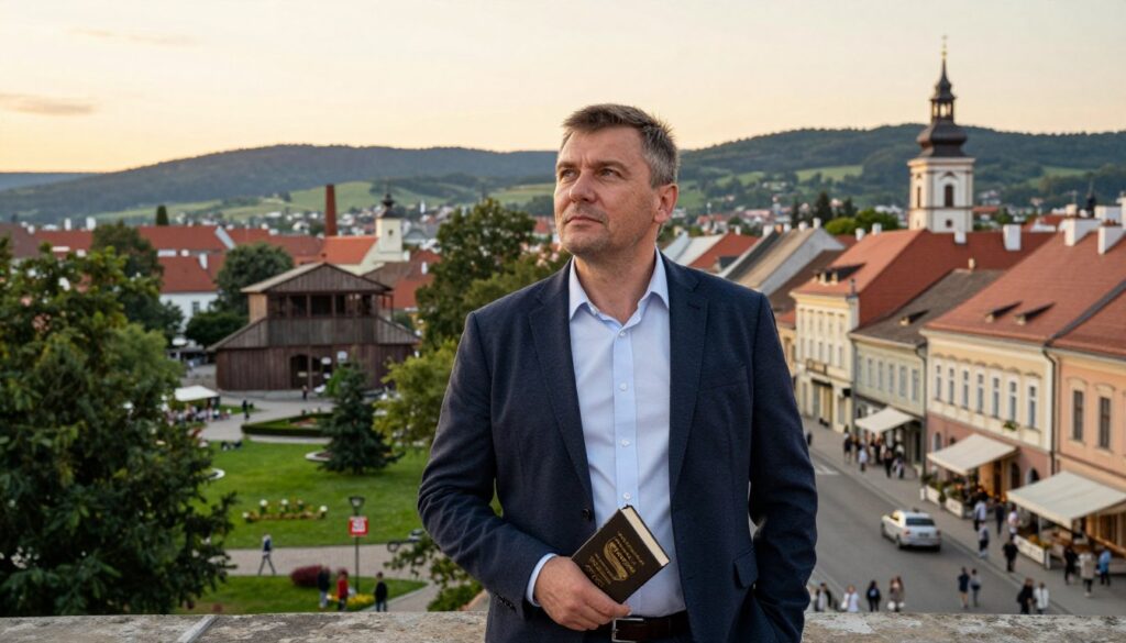 A portrait of Michał Wójcik, a middle-aged Polish man with a thoughtful expression, dressed in smart casual attire. He's standing in an urban setting reminiscent of Silesia, with a backdrop featuring distinctive architecture from the region, such as industrial buildings and green parks. The foreground captures Wójcik holding a small book that symbolizes his biography, while the middle ground shows the vibrant life of Silesian streets bustling with people and culture. In the background, rolling hills and traditional Silesian homes can be seen under a soft, golden sunset, casting warm light across the scene, creating an inviting and reflective mood. The angle is slightly elevated to capture the full scene, enhancing the connection between Wójcik and his Silesian roots.