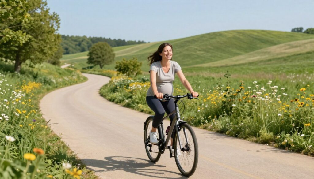 A pregnant woman cycling on a scenic, sunlit path surrounded by lush greenery. In the foreground, she is confidently pedaling her bicycle, wearing comfortable, modest athletic clothing. Her expression conveys joy and vibrancy, reflecting the benefits of healthy exercise during pregnancy. In the middle ground, you can see a smooth, winding pathway lined with wildflowers, inviting further exploration. The background features gentle rolling hills under a clear blue sky, casting soft natural light that enhances the warm atmosphere. Soft shadows fall on the path, creating a peaceful, serene environment. The angle is slightly elevated, showcasing both the cyclist and the beautiful landscape, capturing a moment of well-being and vitality. A pregnant woman cycling on a scenic, sunlit path surrounded by lush greenery. In the foreground, she is confidently pedaling her bicycle, wearing comfortable, modest athletic clothing. Her expression conveys joy and vibrancy, reflecting the benefits of healthy exercise during pregnancy. In the middle ground, you can see a smooth, winding pathway lined with wildflowers, inviting further exploration. The background features gentle rolling hills under a clear blue sky, casting soft natural light that enhances the warm atmosphere. Soft shadows fall on the path, creating a peaceful, serene environment. The angle is slightly elevated, showcasing both the cyclist and the beautiful landscape, capturing a moment of well-being and vitality.