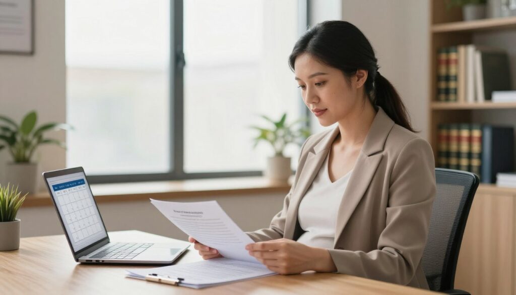A professional and serene office environment, showcasing a pregnant woman sitting at a desk, reviewing documents related to a fixed-term contract extension. She is wearing a smart, modest business outfit, exuding confidence and focus. In the foreground, there are papers and a laptop open, displaying a calendar marked with key dates. The middle ground features a large window letting in soft natural light, illuminating the room and creating a warm atmosphere. In the background, a bookshelf filled with legal texts and a potted plant adds to the professional setting. The scene conveys a sense of tranquility, responsibility, and the significance of employment rights during pregnancy, captured with a soft focus and warm color palette, invoking a thoughtful mood.