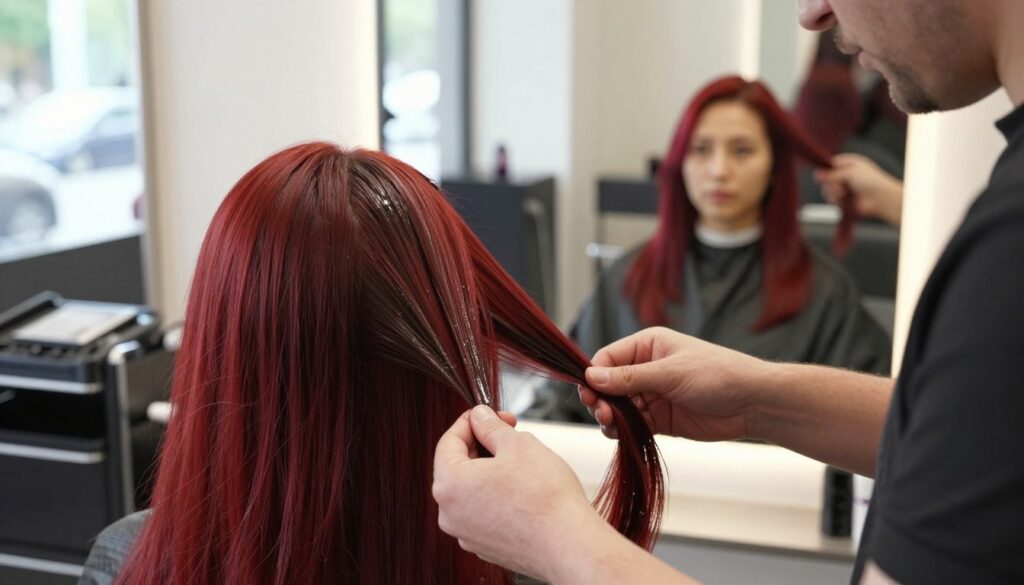 A professional hair colorist in a modern salon, applying a rich, deep brown dye to vibrant red hair, capturing the transformation process. The foreground showcases the hairdresser's skilled hands carefully applying the color, with vivid details of the red hair contrasting with the brown dye. In the middle, a wide mirror reflects the client's anticipation, highlighting the vibrant red fading into a darker hue. The background features sleek salon equipment and soft lighting, creating a warm and inviting atmosphere. The scene is illuminated with natural light filtering through large windows, enhancing the colors and details, while maintaining a focused lens on the hair and the application process. A professional hair colorist in a modern salon, applying a rich, deep brown dye to vibrant red hair, capturing the transformation process. The foreground showcases the hairdresser's skilled hands carefully applying the color, with vivid details of the red hair contrasting with the brown dye. In the middle, a wide mirror reflects the client's anticipation, highlighting the vibrant red fading into a darker hue. The background features sleek salon equipment and soft lighting, creating a warm and inviting atmosphere. The scene is illuminated with natural light filtering through large windows, enhancing the colors and details, while maintaining a focused lens on the hair and the application process.
