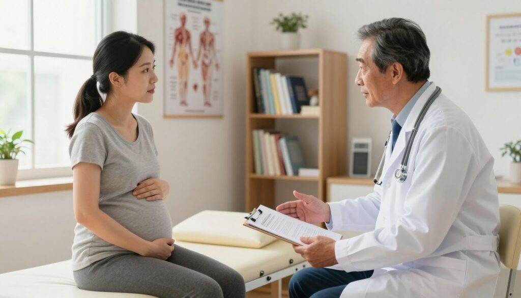 A professional medical consultation scene in a bright, welcoming clinic. In the foreground, a pregnant woman in modest casual clothing sits comfortably on an examination table, attentively discussing her travel plans with a doctor. The doctor, a middle-aged man in a white coat with a stethoscope around his neck, is giving thoughtful advice, gesturing towards a medical chart on a clipboard. In the middle ground, a wall-mounted anatomy poster is visible, along with a bookshelf filled with medical books. The background features a window with soft natural light streaming in, creating an inviting atmosphere. The lighting is balanced and warm, emphasizing the seriousness yet supportive nature of the consultation. The overall mood is calm and informative.