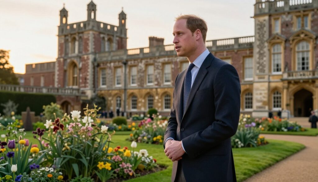 A refined portrait of Prince William standing gracefully in the gardens of Kensington Palace, depicted in sophisticated business attire. In the foreground, the lush greenery and blooming flowers create a vibrant atmosphere, symbolizing royal elegance. The middle ground features the iconic architecture of Kensington Palace, with grand windows and intricate details that highlight its historical significance. In the background, the soft glow of a late afternoon sun bathes the scene in warm, golden light, adding a serene mood. The angle should capture William in profile, showcasing his dignified posture against this stunning backdrop, conveying a sense of tradition and modernity entwined in royal life. The image should be composed without any text or annotations.