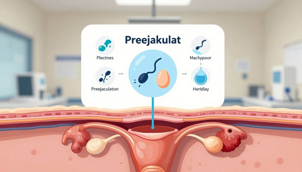 A scientific illustration depicting the concept of preejaculation in a clear and informative manner. In the foreground, an anatomical diagram of the male reproductive system, with emphasis on the urethra, seminal vesicles, and preejaculatory fluid, is shown in detail. The middle layer features a clinical setting with a diagram labeled "Preejakulat," surrounded by educational icons symbolizing fertility and contraception, such as sperm and an egg. The background is a softly lit, neutral-toned wall, providing a professional ambiance. The lighting is bright and even, highlighting the clarity of the diagrams. The mood is educational and informative, aiming to engage readers with a clear understanding of the topic, suitable for a formal article.