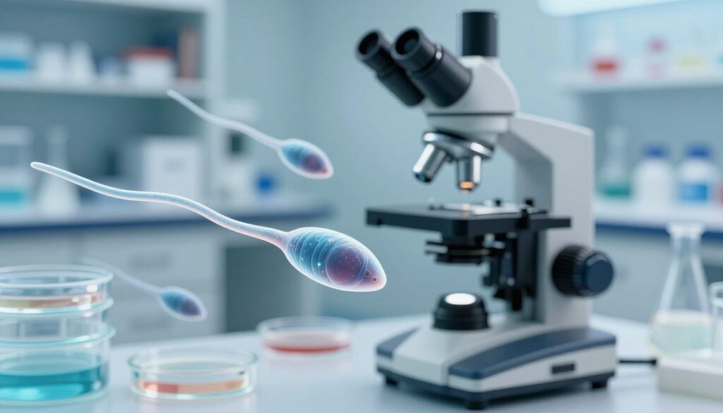 A scientific illustration focused on male fertility, emphasizing sperm quality. In the foreground, a high-resolution detailed image of healthy sperm swimming in clear, shimmering fluid, showcasing their tails and distinct shapes. The middle ground displays a microscope with lab equipment, including petri dishes and slides, set in a clinical laboratory environment, with soft, diffused lighting to create a sterile mood. The background features a blurred view of laboratory shelves filled with scientific books and equipment, enhancing the academic atmosphere. The overall color palette should be cool with shades of blue and white, conveying professionalism and seriousness. The composition should present a clear focus on the microscopic view of sperm, reflecting the importance of sperm quality in male fertility. A scientific illustration focused on male fertility, emphasizing sperm quality. In the foreground, a high-resolution detailed image of healthy sperm swimming in clear, shimmering fluid, showcasing their tails and distinct shapes. The middle ground displays a microscope with lab equipment, including petri dishes and slides, set in a clinical laboratory environment, with soft, diffused lighting to create a sterile mood. The background features a blurred view of laboratory shelves filled with scientific books and equipment, enhancing the academic atmosphere. The overall color palette should be cool with shades of blue and white, conveying professionalism and seriousness. The composition should present a clear focus on the microscopic view of sperm, reflecting the importance of sperm quality in male fertility.