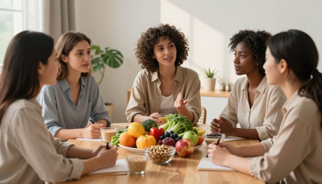 A serene and balanced composition that symbolizes fertility and lifestyle factors affecting it. In the foreground, a diverse group of three professional women in modest casual clothing are engaged in a discussion, representing various cultural backgrounds. In the middle ground, a vibrant assortment of healthy foods like fruits, vegetables, and grains are arranged artfully on a table, emphasizing nutrition. The background features soft, natural lighting coming through a window, casting gentle shadows, and hints of greenery from plants that signify growth and health. The overall atmosphere is warm and inviting, encouraging a sense of hope and empowerment around the topic of fertility. The camera is positioned at eye level, with a slight focus on the discussion among the women. A serene and balanced composition that symbolizes fertility and lifestyle factors affecting it. In the foreground, a diverse group of three professional women in modest casual clothing are engaged in a discussion, representing various cultural backgrounds. In the middle ground, a vibrant assortment of healthy foods like fruits, vegetables, and grains are arranged artfully on a table, emphasizing nutrition. The background features soft, natural lighting coming through a window, casting gentle shadows, and hints of greenery from plants that signify growth and health. The overall atmosphere is warm and inviting, encouraging a sense of hope and empowerment around the topic of fertility. The camera is positioned at eye level, with a slight focus on the discussion among the women.