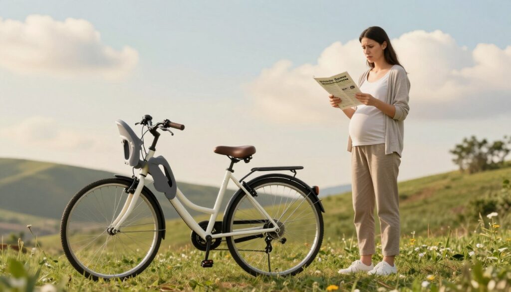 A serene and informative scene depicting a bicycle parked on a soft grass patch, surrounded by gentle hills. In the foreground, a well-maintained bicycle stands upright, showcasing a comfortable, modern design with a baby seat attached. The middle ground features a mother-to-be in modest casual clothing, reading an informational pamphlet about cycling safety during pregnancy, displaying a look of concern mixed with curiosity. The background consists of a warm summer sky, with fluffy clouds gently floating by, and hints of greenery symbolizing the importance of health and wellness. The lighting is soft and diffused, creating a calm and nurturing atmosphere, ideal for conveying serious health considerations. The entire composition should reflect a sense of caution and care for both mother and child. A serene and informative scene depicting a bicycle parked on a soft grass patch, surrounded by gentle hills. In the foreground, a well-maintained bicycle stands upright, showcasing a comfortable, modern design with a baby seat attached. The middle ground features a mother-to-be in modest casual clothing, reading an informational pamphlet about cycling safety during pregnancy, displaying a look of concern mixed with curiosity. The background consists of a warm summer sky, with fluffy clouds gently floating by, and hints of greenery symbolizing the importance of health and wellness. The lighting is soft and diffused, creating a calm and nurturing atmosphere, ideal for conveying serious health considerations. The entire composition should reflect a sense of caution and care for both mother and child.