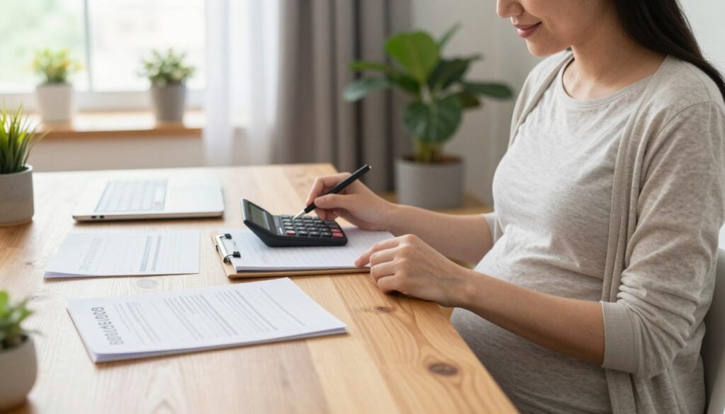 A serene and informative scene depicting the concept of financial support for pregnant women without jobs. In the foreground, a gently smiling pregnant woman in modest casual clothing, seated with a notepad and calculator, reviewing her financial options. The middle ground features paperwork and documents symbolizing one-time and monthly benefits, neatly arranged on a wooden table. The background should include soft, natural light coming from a window, highlighting a cozy, well-organized room with plants and warm colors to create a welcoming atmosphere. The overall mood is one of reassurance and hope, reflecting the support available for future mothers during their pregnancy journey.