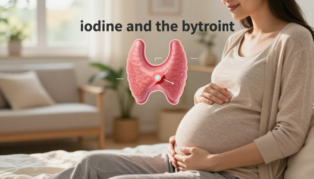 A serene and informative scene depicting the theme of "iodine and the thyroid" in pregnancy. In the foreground, a healthy, expectant woman in modest casual clothing is gently holding her stomach, radiating a sense of calm and wellness. The middle ground showcases a visually engaging representation of the thyroid gland highlighted with subtle graphic elements indicating iodine interactions, enriched with vibrant color tones. In the background, a soft, blurred depiction of a nurturing environment, such as a cozy home or a garden, enhances the atmosphere of health and tranquility. The lighting should be natural and gentle, simulating a warm, late afternoon glow that instills a feeling of safety and growth. The perspective should be slightly elevated to give an inviting view of the scene, promoting a sense of hope and care for both mother and child. A serene and informative scene depicting the theme of "iodine and the thyroid" in pregnancy. In the foreground, a healthy, expectant woman in modest casual clothing is gently holding her stomach, radiating a sense of calm and wellness. The middle ground showcases a visually engaging representation of the thyroid gland highlighted with subtle graphic elements indicating iodine interactions, enriched with vibrant color tones. In the background, a soft, blurred depiction of a nurturing environment, such as a cozy home or a garden, enhances the atmosphere of health and tranquility. The lighting should be natural and gentle, simulating a warm, late afternoon glow that instills a feeling of safety and growth. The perspective should be slightly elevated to give an inviting view of the scene, promoting a sense of hope and care for both mother and child.