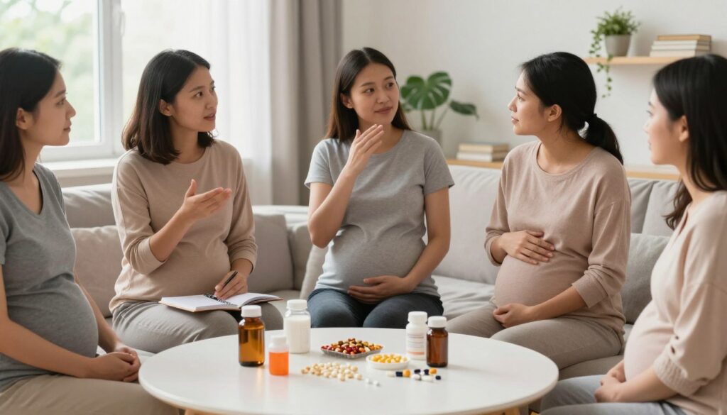 A serene and informative scene featuring a diverse group of pregnant women, each dressed in comfortable and modest clothing, engaging in a wellness discussion. The foreground shows a round table with various supplements like vitamins and minerals spread out, symbolizing safe nutrition during pregnancy. In the middle ground, one woman gestures thoughtfully while another takes notes, reflecting an atmosphere of learning and care. The background features soft, natural light streaming through a window, illuminating a cozy, inviting room adorned with plants and books on maternal health. This composition conveys a sense of support and collaboration, emphasizing the importance of a well-planned supplementation regimen for both mothers and their babies. A serene and informative scene featuring a diverse group of pregnant women, each dressed in comfortable and modest clothing, engaging in a wellness discussion. The foreground shows a round table with various supplements like vitamins and minerals spread out, symbolizing safe nutrition during pregnancy. In the middle ground, one woman gestures thoughtfully while another takes notes, reflecting an atmosphere of learning and care. The background features soft, natural light streaming through a window, illuminating a cozy, inviting room adorned with plants and books on maternal health. This composition conveys a sense of support and collaboration, emphasizing the importance of a well-planned supplementation regimen for both mothers and their babies.