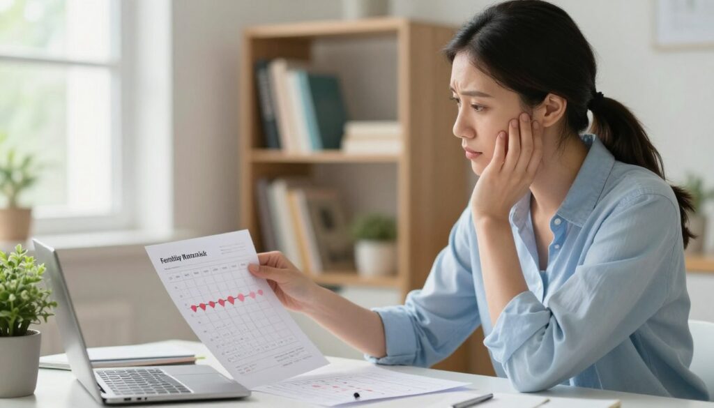 A serene and informative scene illustrating the concept of fertility risk near menstruation. In the foreground, a thoughtful woman in modest casual clothing sits at a well-organized desk, studying a chart that graphically displays the menstrual cycle phases, highlighting ovulation and fertile windows. In the middle ground, a soft-focus bookshelf filled with health and wellness books adds context. The background features a window with gentle natural light streaming in, creating a warm, inviting atmosphere. The image conveys a sense of curiosity and contemplation, with a peaceful color palette of soft blues and greens, emphasizing knowledge and understanding. The composition should have a balanced angle, capturing both the woman's expression and the educational materials clearly.