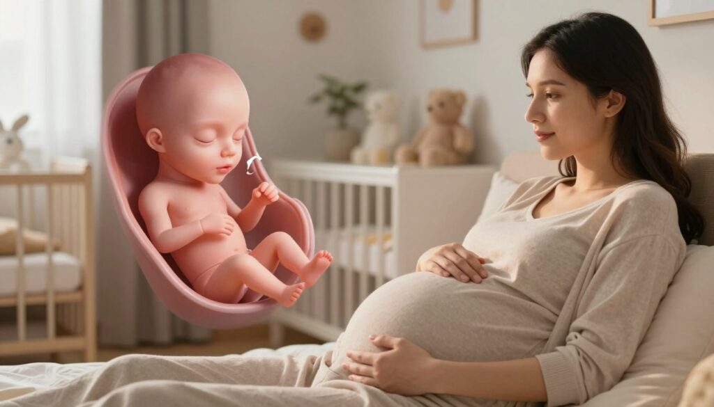 A serene and intimate setting depicting the 8th month of pregnancy, focusing on the development of the fetus. In the foreground, a gentle light illuminates a healthy, expectant mother seated comfortably, wearing modest, casual clothing. She cradles her baby bump, looking contemplative and serene. In the middle ground, an anatomical illustration of a developing fetus is partially visible, showcasing its features and rapid growth typical of this stage. The background features soft, muted colors with a cozy atmosphere, perhaps a softly lit nursery or a peaceful room filled with baby items. The lighting is warm and inviting, creating a calm and hopeful mood that captures the anticipation of childbirth and the importance of monitoring development during this critical time. A serene and intimate setting depicting the 8th month of pregnancy, focusing on the development of the fetus. In the foreground, a gentle light illuminates a healthy, expectant mother seated comfortably, wearing modest, casual clothing. She cradles her baby bump, looking contemplative and serene. In the middle ground, an anatomical illustration of a developing fetus is partially visible, showcasing its features and rapid growth typical of this stage. The background features soft, muted colors with a cozy atmosphere, perhaps a softly lit nursery or a peaceful room filled with baby items. The lighting is warm and inviting, creating a calm and hopeful mood that captures the anticipation of childbirth and the importance of monitoring development during this critical time.