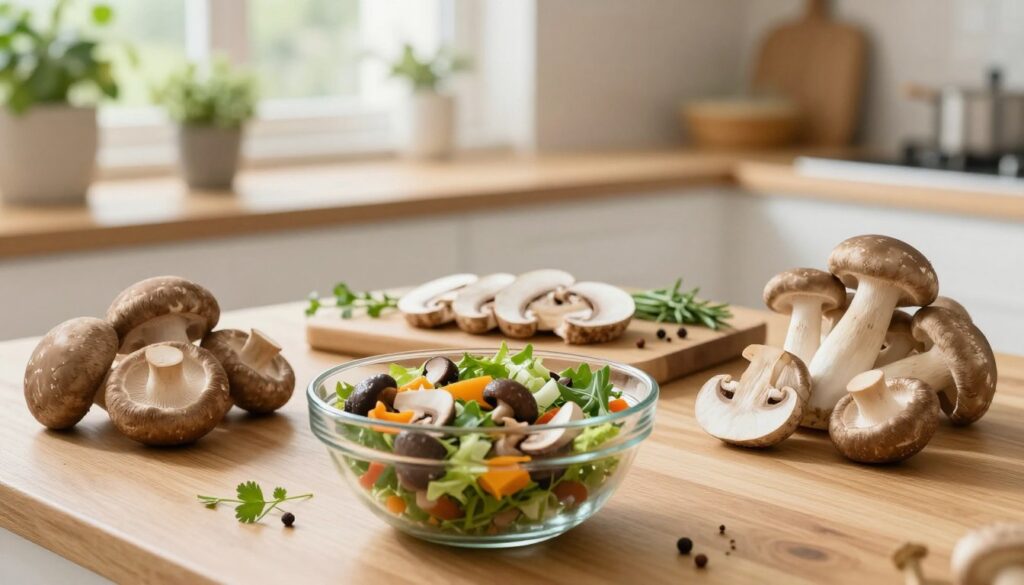 A serene and inviting kitchen setting, featuring a wooden table adorned with an array of fresh, vibrant mushrooms like shiitake, oyster, and portobello, beautifully arranged to emphasize their culinary appeal and health benefits. The foreground includes a glass bowl filled with a colorful salad mixed with these mushrooms, highlighting their addition to a healthy diet for pregnant women. In the middle ground, sliced mushrooms are placed on a cutting board alongside natural ingredients such as herbs and spices, suggesting a delicious meal preparation. The background shows soft natural light filtering through a window, creating a warm and welcoming atmosphere, with potted herbs and plants adding to the organic feel of the environment. The composition should evoke a sense of nourishment and health, showcasing the importance of mushrooms in a balanced diet.