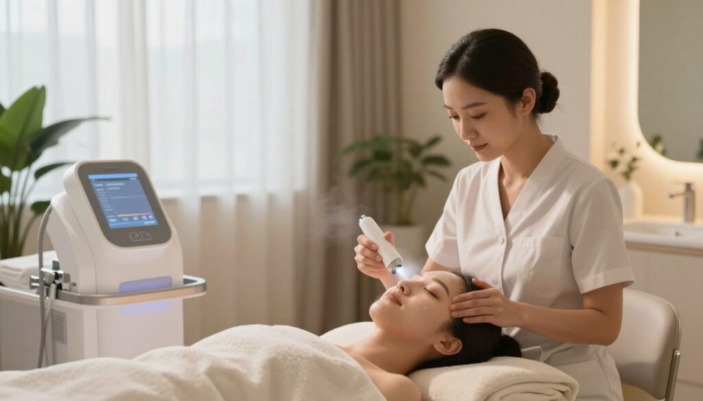A serene and sophisticated spa treatment room, featuring a modern hydrogen facial cleansing device at the forefront. In the foreground, a skilled aesthetician in professional attire is gently applying the device's nozzle to a patient’s glowing, relaxed face, showcasing the cleansing mist. The middle ground includes elegant treatment tables, plush towels, and soft ambient lighting that creates a calming atmosphere. The background features large, softly-lit windows with sheer curtains, letting in warm natural light that enhances the tranquil vibe. Soft green plants are placed strategically to imply a connection to nature. The overall mood is soothing and rejuvenating, conveying the uplifting effects of hydrogen cleansing for the skin.