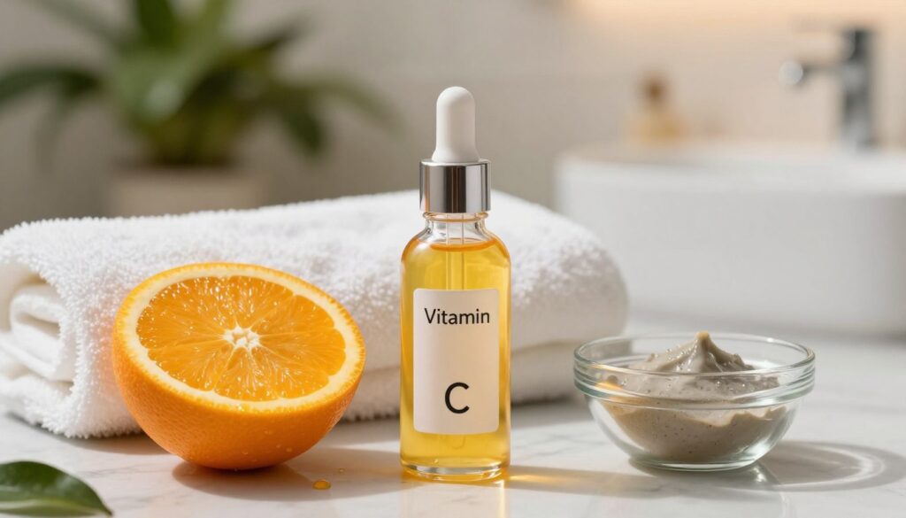 A serene bathroom scene focused on natural skincare, showcasing vitamin C beauty products. In the foreground, a vibrant, fresh orange sliced in half, with drops of juice glistening, beside an elegant glass bottle containing a bright, citrus-colored serum labeled "Vitamin C." In the middle, a soft cotton towel laid over a marble countertop, along with a small, clear bowl filled with a natural face mask. The background features blurred greenery, symbolizing freshness and vitality, with gentle, warm lighting illuminating the space, adding a cozy atmosphere. The overall composition conveys a sense of tranquility and the essence of home skincare rituals aimed at brightening the complexion.
