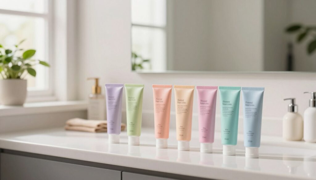 A serene bathroom scene showcasing a selection of ammonia-free hair dyes arranged aesthetically on a sleek countertop. In the foreground, a vibrant array of hair dye tubes in soft pastel colors, elegantly lit to highlight their labels and ingredients. The middle ground features a well-organized vanity mirror reflecting a soft, warm glow from natural daylight streaming in through a window. In the background, hints of green plants add a fresh touch to the environment, suggesting a focus on natural beauty. The atmosphere is calm and inviting, promoting a sense of safety and wellness, perfect for expecting mothers. The colors are bright yet soothing, conveying a feeling of tranquility and care.
