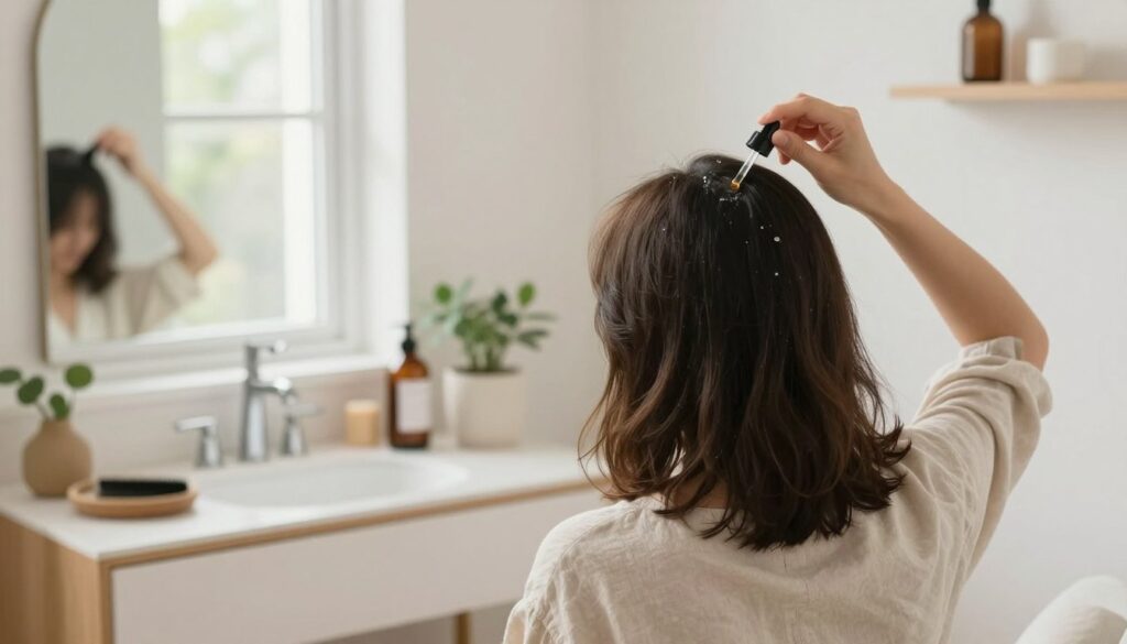 A serene bathroom setting, featuring a bright and inviting atmosphere, with soft natural lighting filtering through a window. In the foreground, a person with shoulder-length hair, dressed in a modest casual outfit, is applying a hair tonic to their scalp using a dropper. The middle ground shows a stylish vanity table with hair care products and a mirror reflecting the application process. In the background, subtle details like plants or calming decor create a soothing ambiance. The focus is on the gentle application of the tonic, conveying a sense of care and attention while promoting healthy hair growth. The overall mood is peaceful and nurturing, highlighting self-care practices.