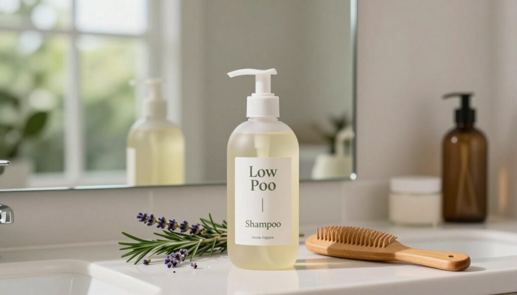 A serene bathroom setting featuring a stylish arrangement of hair care products focused on a "low poo" shampoo, with natural ingredients prominently displayed. In the foreground, a bottle labeled "Low Poo Shampoo" sits next to a wooden comb and a few fresh herbs, such as rosemary and lavender, enhancing the organic vibe. The middle ground showcases a large mirror reflecting soft, natural light, creating an inviting atmosphere. In the background, a tranquil greenery view is seen through a window, adding freshness to the scene. Use soft, diffused lighting to create a warm and calming ambiance. The overall mood is clean, simple, and focused on the beauty of natural hair care.
