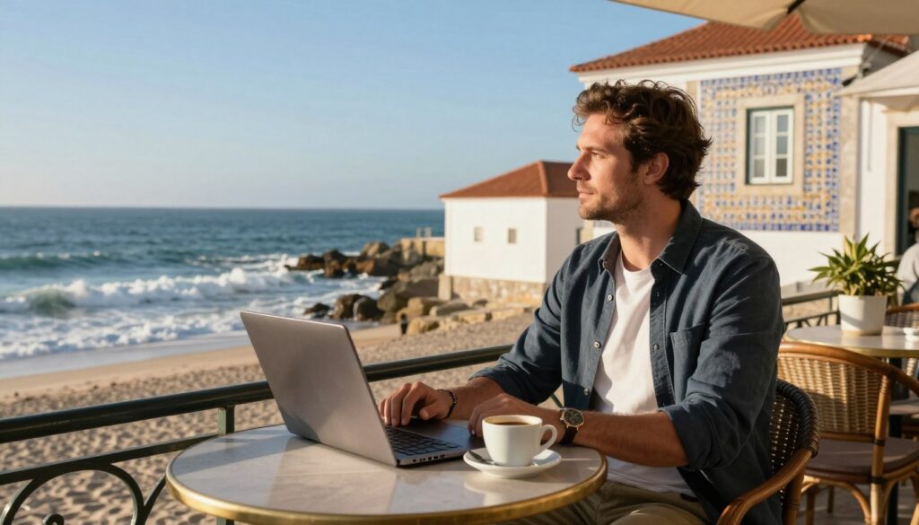 A serene coastal scene depicting Marcin Kydryński's dual life between Poland and Portugal. In the foreground, a professional-looking man in casual but polished clothing sits at a charming outdoor café table, with a laptop open and a coffee cup beside him. He gazes thoughtfully toward the ocean, symbolizing creativity. The middle ground features a picturesque blend of Polish and Portuguese architecture, with whitewashed buildings adorned with colorful tiles. In the background, rolling waves under a bright blue sky offer a sense of tranquility. The lighting is warm, suggesting late afternoon sunshine, casting gentle shadows. The overall mood is reflective and inspiring, capturing the essence of creativity thriving in two beautiful cultures. A serene coastal scene depicting Marcin Kydryński's dual life between Poland and Portugal. In the foreground, a professional-looking man in casual but polished clothing sits at a charming outdoor café table, with a laptop open and a coffee cup beside him. He gazes thoughtfully toward the ocean, symbolizing creativity. The middle ground features a picturesque blend of Polish and Portuguese architecture, with whitewashed buildings adorned with colorful tiles. In the background, rolling waves under a bright blue sky offer a sense of tranquility. The lighting is warm, suggesting late afternoon sunshine, casting gentle shadows. The overall mood is reflective and inspiring, capturing the essence of creativity thriving in two beautiful cultures.