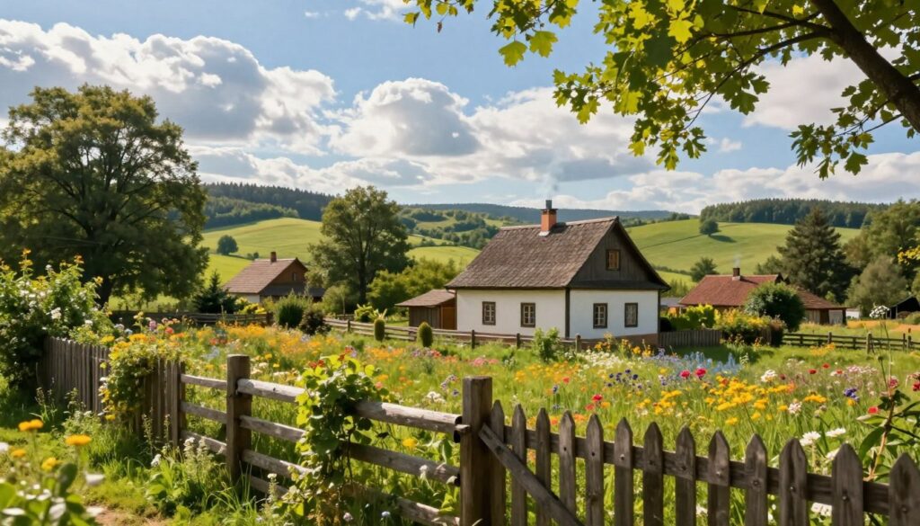A serene countryside scene in Plutycze, Podlasie, showcasing a quaint, cozy cottage surrounded by lush greenery and colorful wildflowers. In the foreground, a rustic wooden fence leads into the scene, decorated with climbing plants. The middle ground features the cottage with smoke gently rising from the chimney, indicating warmth inside. The background showcases rolling hills under a bright blue sky, dotted with fluffy white clouds. Soft sunlight filters through the leaves of nearby trees, casting a warm, inviting glow on the landscape. The overall atmosphere is peaceful and idyllic, capturing the essence of rural life in this charming location. Focus on natural lighting and a slightly elevated angle to provide depth to the scene.