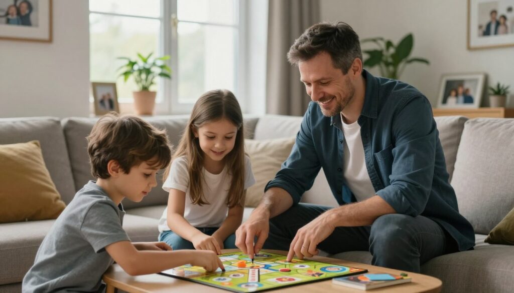 A serene family scene set in a cozy living room, showcasing Michał Wójcik engaging with his family. In the foreground, Michał, a middle-aged man with short, dark hair, dressed in a smart casual outfit, sits on a comfortable sofa, smiling warmly at his children. The children, a boy and a girl, are playing with a board game on the coffee table. In the background, a large window lets in gentle, soft daylight, illuminating the room filled with family photos and plants, enhancing the intimate atmosphere. The mood is warm and inviting, reflecting a sense of togetherness and simplicity in daily life. The focus is on the bonds of family and the joy of personal life, with a depth-of-field effect that softly blurs the background details, emphasizing the subjects in the foreground.