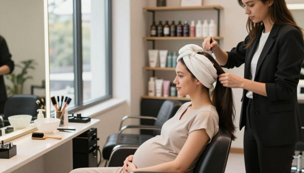 A serene hair salon interior with soft, natural lighting filtering through large windows. In the foreground, a pregnant woman in a modest, stylish outfit sits comfortably in a salon chair, her hair wrapped in a gentle, protective towel. A professional stylist, wearing professional business attire, carefully applies a safe hair dye to her hair, showcasing an atmosphere of care and attention. The stylist's tools, like brushes and color bowls, are neatly organized on a nearby table. In the background, shelves stocked with labeled, organic hair products highlight options deemed safe for pregnancy. The overall mood is calm and supportive, reflecting a nurturing environment focused on beauty and safety during pregnancy.
