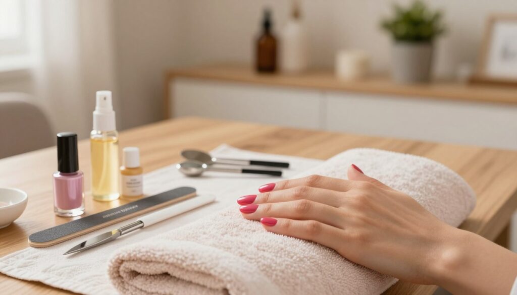 A serene home setting featuring a well-lit manicure station. In the foreground, focus on a beautifully manicured hand showcasing a vibrant, shiny nail color, emphasizing the technique of "manicure tytanowy." The hand is gently resting on a plush, pastel-colored towel, while nail tools such as a file, buffer, cuticle oil, and a small, elegant jar of the manicure powder are neatly arranged around it. In the middle ground, there’s a subtle glimpse of a polished wooden table, with a cozy, warm atmosphere created by soft, diffused lighting. The background features a shelf with decorative bottles and potted plants, enhancing the sense of a welcoming, homey environment. The overall mood is relaxing and professional, ideal for demonstrating a do-it-yourself manicure technique.