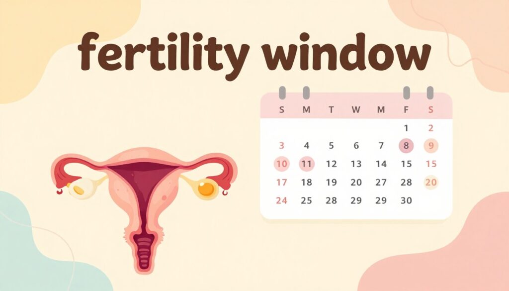 A serene illustration representing the concept of "fertility window" in the context of the menstrual cycle. In the foreground, depict a visually appealing, colorful diagram of an ovary and a released egg, symbolizing ovulation. In the middle ground, include a soft, abstract representation of a calendar with highlighted fertile days, emphasizing the cyclical nature of the menstrual cycle. The background should feature gentle, flowing lines or shapes that evoke a sense of fluidity and femininity, incorporating soft pastel colors. Use warm, inviting lighting to create an uplifting atmosphere, suggesting hope and natural beauty. The angle should be slightly elevated to provide a comprehensive view of the elements, while ensuring clarity and focus on the main subjects.