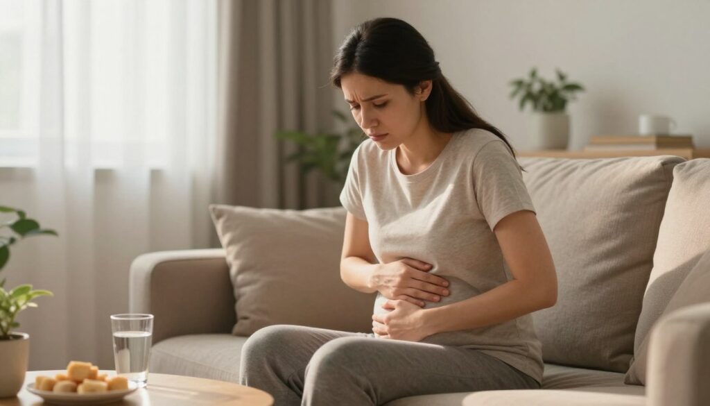 A serene indoor setting with a softly lit atmosphere, featuring a woman in modest casual clothing sitting comfortably on a couch, looking contemplative. She holds her stomach gently, with a slight frown indicating discomfort, embodying the emotional and physical challenges of early pregnancy. The background includes warm daylight filtering through sheer curtains, creating a calm and supportive environment. On a coffee table, a glass of water and some light snacks suggest a focus on health and well-being. Subtle plants add a touch of life to the scene. The image conveys a sense of concern yet comfort, inviting viewers to reflect on the topic of early pregnancy symptoms and their normalcy.