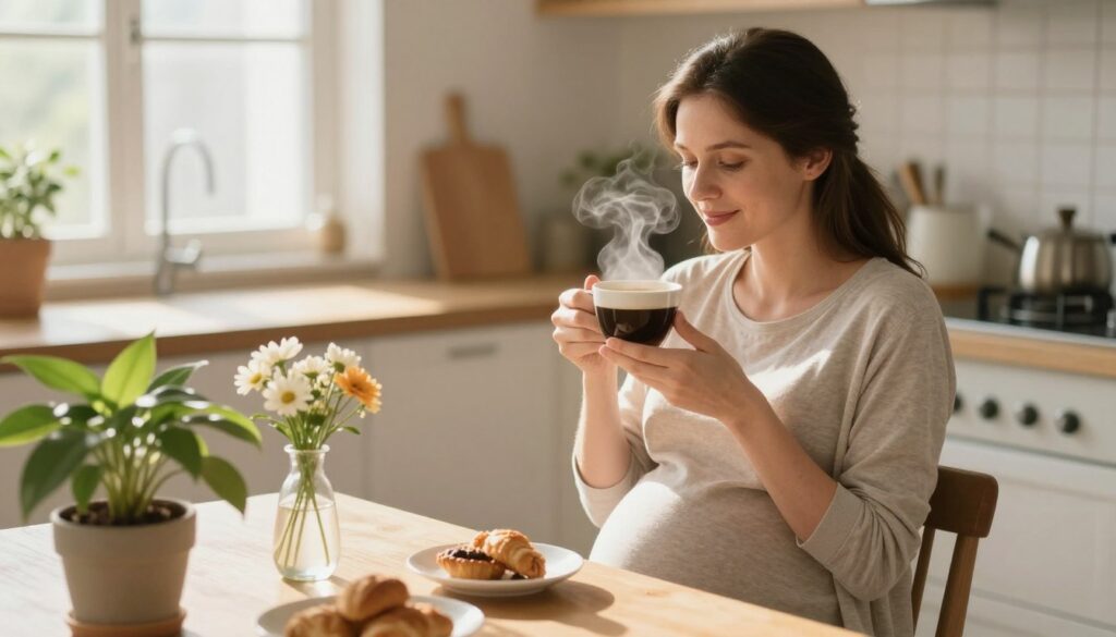A serene kitchen scene featuring a pregnant woman in modest casual clothing, gently holding a steaming cup of coffee. She is seated comfortably at a breakfast table, with a warm and inviting atmosphere. The foreground includes a beautiful potted plant and a delicate vase with fresh flowers, enhancing the homely feel. In the background, soft morning light filters through a window, illuminating the space with a golden glow. The woman's expression is thoughtful and relaxed, embodying a safe and balanced approach to coffee consumption during pregnancy. The composition is shot from a slightly elevated angle, creating an intimate and nurturing environment that emphasizes both the woman and her surroundings.