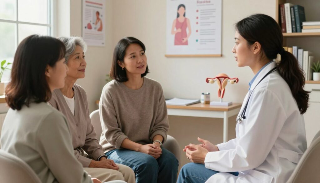 A serene medical consultation scene showcasing three women of diverse backgrounds, each representing different ages: 30, 35, and 40. In the foreground, a confident, professional woman in a lab coat engages in a thoughtful conversation with the women, who are sitting in comfortable chairs, dressed in modest casual attire. The setting is a warm, softly lit doctor's office with medical posters on the walls, emphasizing maternal health and age-related risks. A gentle, inviting atmosphere prevails, with natural light streaming through a window, casting soft shadows. The foreground focuses on the conversation, while the middle ground features a desk with medical charts and an anatomical model of a female reproductive system, and the background subtly hints at bookshelves filled with medical literature, promoting a sense of professionalism and knowledge.