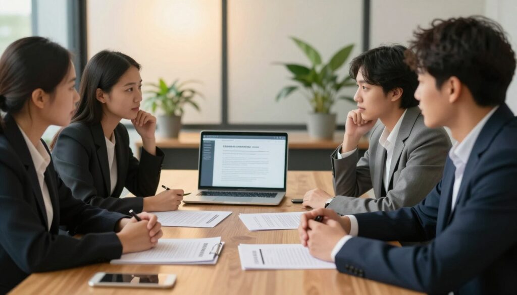 A serene office setting, focusing on a wooden conference table with documents related to employment agreements spread out. In the foreground, a diverse group of three professionals, dressed in smart business attire, are engaged in a discussion, exchanging looks of understanding and collaboration. The middle ground features a laptop open, displaying a digital contract on the screen. The background has soft lighting filtering through large windows, casting a warm glow, and potted plants adding a touch of nature. The overall mood is one of open communication and resolution, embodying the theme of mutual agreement and professional respect. The composition is framed with a slight depth of field, emphasizing the people and documents in focus while softly blurring the background.