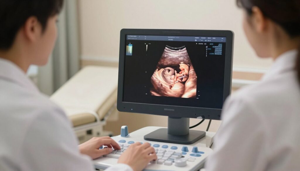 A serene prenatal ultrasound scene, showcasing a close-up view of an ultrasound monitor displaying a clearly defined image of a developing fetus at the 12-week mark, with distinct outlines suggesting the sex of the baby. In the foreground, a caring healthcare professional in a white lab coat intently examines the screen, conveying a sense of professionalism and warmth. The middle ground features soft medical equipment and a comfortable exam table, emphasizing a clinical yet inviting atmosphere. In the background, gentle soft lighting creates a calming ambiance, with muted colors that evoke a peaceful hospital environment. The overall mood is hopeful and reassuring, highlighting the excitement of discovering the gender of the baby during a crucial stage of pregnancy.