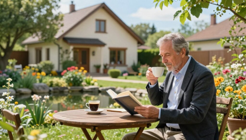 A serene scene depicting a middle-aged man, Roman Polko, enjoying his retirement in a cozy garden surrounded by lush greenery. He is casually dressed in professional attire, exuding a sense of peace and contentment. In the foreground, he is seated at a small wooden table, sipping coffee while reading a book. The middle ground showcases the vibrant garden filled with colorful flowers and a small pond, reflecting the tranquility of his life after service. The background features a charming home with a warm, inviting facade under a bright blue sky, suggesting a peaceful suburban neighborhood. The lighting is soft and warm, creating a cozy, inviting atmosphere, captured from a slightly elevated angle to emphasize the depth of the garden and the comfort of his private life.