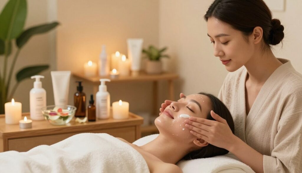 A serene spa setting featuring a beautifully arranged treatment room for post-hydrogen facial care. In the foreground, a woman with glowing skin is gently applying a soothing cream to her face, embodying relaxation and radiance. She is dressed in a soft, modest spa robe, surrounded by candles and green plants that evoke tranquility. In the middle, there are neatly organized skincare products, such as serums and moisturizers, elegantly displayed on a wooden shelf. The background features a softly lit room, with warm golden lighting creating an inviting atmosphere. A few essential oils and a small bowl of water with floating flower petals complete the scene, enhancing the theme of rejuvenation and care. The composition captures a sense of calm and wellness, perfect for illustrating skin post-treatment care.