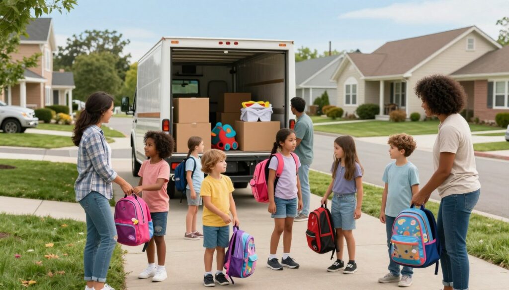 A serene suburban neighborhood scene depicting children being lovingly relocated. In the foreground, a diverse group of children, ages 5 to 10, with expressive faces filled with curiosity, are interacting with friendly adults who are helping them pack toys and colorful backpacks. In the middle ground, a cheerful moving truck stands open, revealing neatly packed boxes and playful items. The background features cozy houses with lush green lawns, under a clear blue sky, suggesting a peaceful afternoon. Soft, natural lighting bathes the scene, creating a warm and inviting atmosphere. Capture this moment from a slightly elevated angle to convey the sense of community and a fresh start, while ensuring all characters are in modest casual clothing.