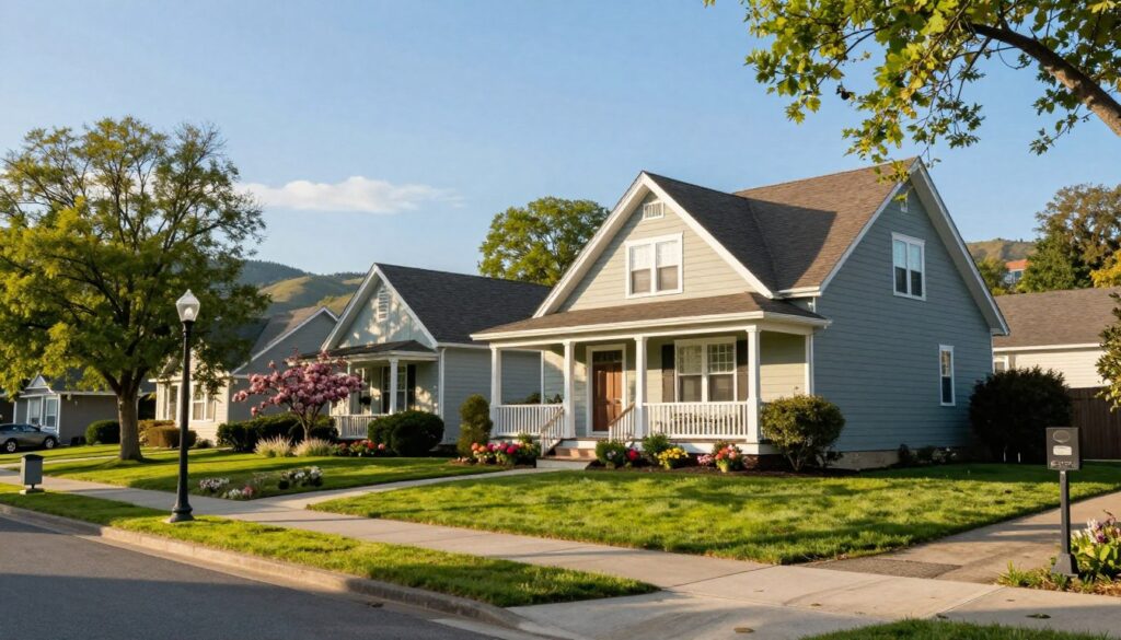 A serene suburban street, showcasing a picturesque residential home surrounded by lush greenery and blooming flowers. In the foreground, a modest yet elegant house with a manicured lawn and a welcoming porch can be seen. The middle ground features well-kept sidewalks and charming lampposts, hinting at a peaceful neighborhood atmosphere. In the background, gentle hills and a bright blue sky create a tranquil setting. The lighting is warm and inviting, reminiscent of late afternoon sunlight, casting soft shadows across the scene. The overall mood reflects comfort and stability, embodying a sense of home and tranquility. The image should have a photographic quality, with a slight focus on the home, creating an intimate view of this peaceful domestic life.