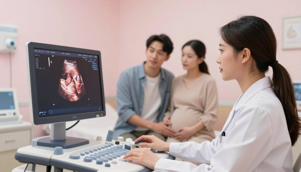 A serene ultrasound room with soft, diffused lighting. In the foreground, a focused healthcare professional, a woman in a professional white lab coat, attentively examines an ultrasound monitor displaying a detailed image of a developing fetus at 12 weeks. The monitor reveals subtle indicators for determining the baby's gender, emphasizing the anatomy in a clinical but approachable manner. In the middle ground, expectant parents, wearing modest casual clothing, look on with a mix of excitement and curiosity. In the background, medical instruments and a calming pastel-colored wall create a warm, inviting atmosphere. The overall mood is hopeful and informative, encapsulating the anticipation of discovering the baby's gender during the ultrasound.