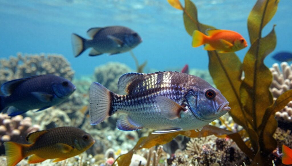 A serene underwater scene featuring several species of fish, showcasing one fish visibly pregnant with eggs. In the foreground, highlight a close-up view of the pregnant fish, its vibrant colors and scales glimmering in the soft, diffused light filtering from the surface. Surround the pregnant fish with a variety of healthy, colorful fish swimming nearby, emphasizing the diverse marine life. In the middle ground, include coral reefs and seaweed gently swaying with the current, creating a natural habitat. In the background, suggest a soft blue ocean gradient, evoking a calm, serene atmosphere. The overall mood should be tranquil and informative, illustrating the beauty of marine life while subtly hinting at the topic of fish in a safe and healthy context.