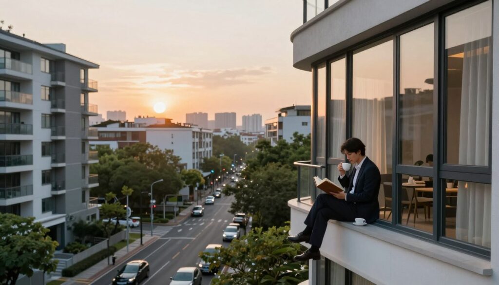 A serene urban setting depicting a modern apartment building with large windows, showing a hint of warmth and privacy through softly drawn curtains. In the foreground, a well-dressed individual sits on a small balcony, reading a book and sipping coffee, exuding a sense of tranquility and introspection. The middle layer captures a picturesque street lined with green trees, encouraging a peaceful atmosphere. In the background, the sun sets behind the skyline, casting a golden glow that enhances the intimacy of the scene. The lighting is soft and warm, creating an inviting ambiance. The angle of the view is slightly elevated, providing a glimpse of both the individual’s sanctuary and the bustling city life beyond, illustrating the contrast between public spaces and personal serenity. A serene urban setting depicting a modern apartment building with large windows, showing a hint of warmth and privacy through softly drawn curtains. In the foreground, a well-dressed individual sits on a small balcony, reading a book and sipping coffee, exuding a sense of tranquility and introspection. The middle layer captures a picturesque street lined with green trees, encouraging a peaceful atmosphere. In the background, the sun sets behind the skyline, casting a golden glow that enhances the intimacy of the scene. The lighting is soft and warm, creating an inviting ambiance. The angle of the view is slightly elevated, providing a glimpse of both the individual’s sanctuary and the bustling city life beyond, illustrating the contrast between public spaces and personal serenity.